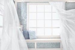 Bright interior, window with curtains, white window sill, room, home