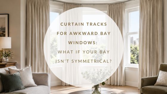 Made-to-measure curtain track fitted around an awkward bay window with cream curtains.”