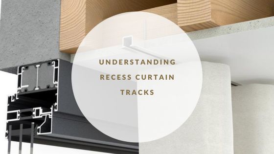 Picture of a silent gliss recess curtain track - shown as a cross section so you can see it in the ceiling - curtains are hanging on the track