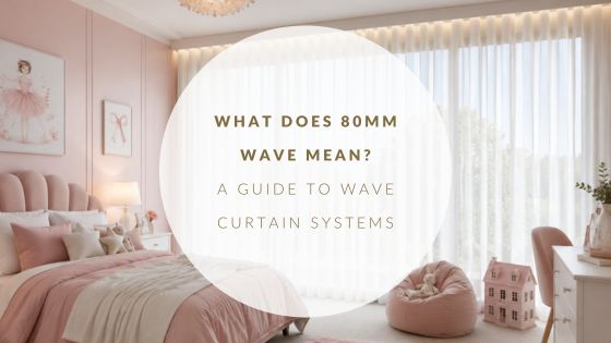 Children's bedroom featuring soft pink décor and large windows with sheer white wave curtains for a light and contemporary finish.