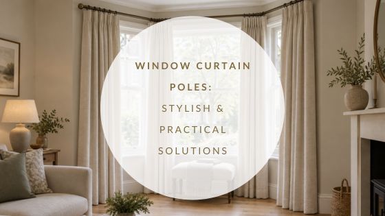 Made-to-measure curtain pole following a three-sided bay window with neutral full-length curtains